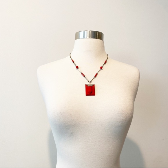 698 Vintage 1930s Jakob Bengel Necklace Chrome Links and red Bakelite Beads - Picture 2 of 9